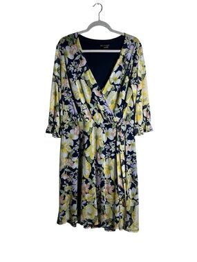 Stella & Julie Floral Wrap Dress 18W Navy Yellow Midi Boho‎ Plus Size